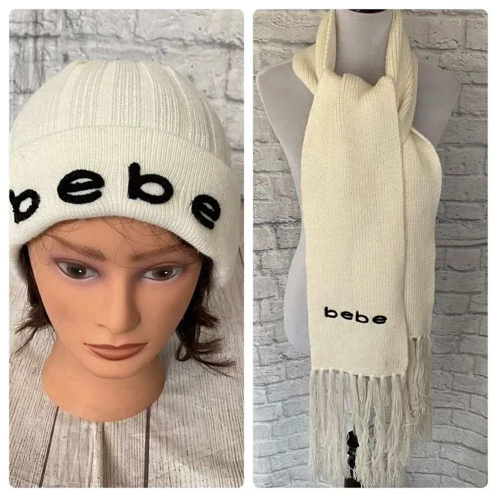 Bebe women OS Winter beanie and scarf white w/black writing